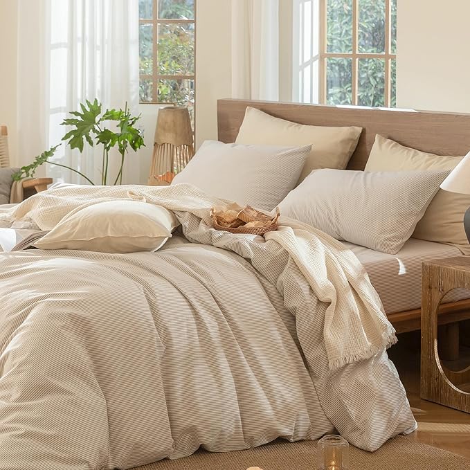 MooMee Striped Duvet Cover Set 100% Washed Cotton Linen Like Textured Breathable Durable Soft Comfy (Tannish Linen Grey White Pinstripes, Super King Plus 120"x120")