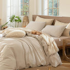 MooMee Striped Duvet Cover Set 100% Washed Cotton Linen Like Textured Breathable Durable Soft Comfy (Tannish Linen Grey White Pinstripes, Twin 68"x90")