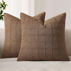 Woaboy Linen Check Throw Pillow Covers Set of 2 - Dark Brown Farmhouse Modern Boho Vintage Decorative Cushion Covers for Sofa Couch Bedroom Living Room Decor 22x22 Inch