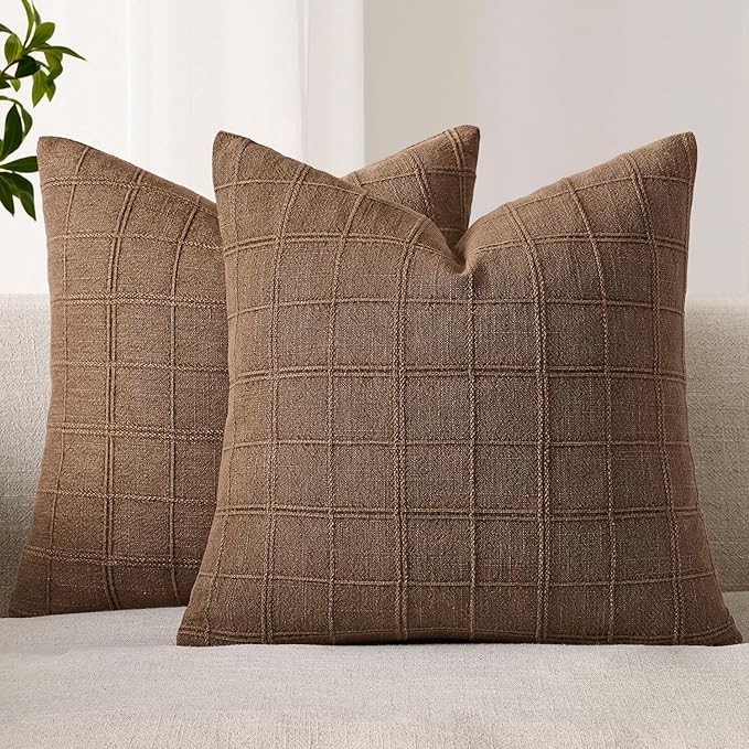 Woaboy Linen Check Throw Pillow Covers Set of 2 - Dark Brown Farmhouse Modern Boho Vintage Decorative Cushion Covers for Sofa Couch Bedroom Living Room Decor 22x22 Inch