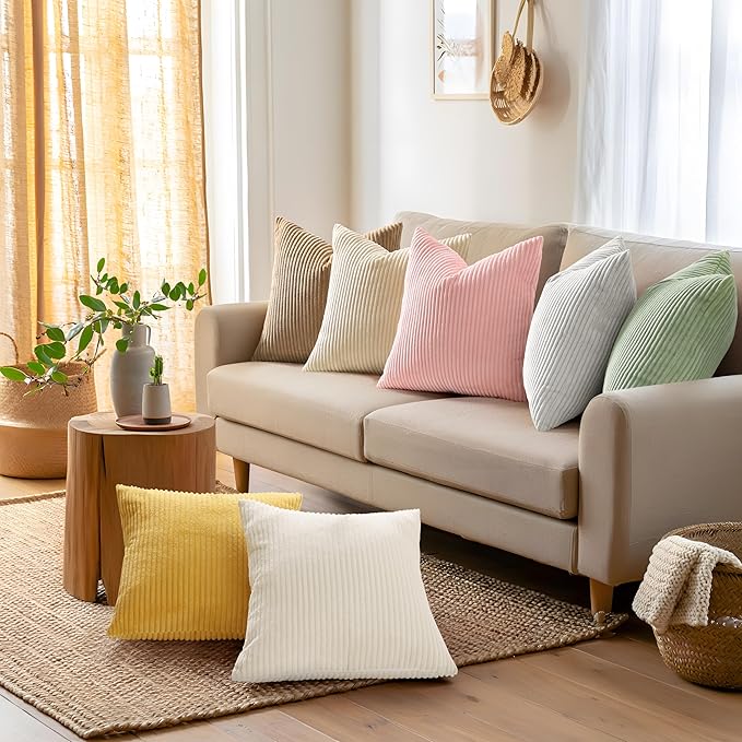 Mecatny Corduroy Decorative Throw Pillow Covers 18x18 Set of 2 for Sofa Living Room, Soft Neutral Boho Couch Pillow Covers for Home Decor, Pink
