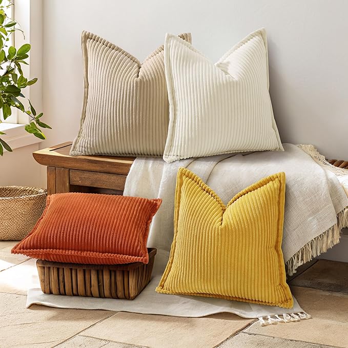 decorUhome Corduroy Mustard Yellow Throw Pillow Covers 12x20 Set of 2 Decorative Soft Boho Farmhouse Lumbar Euro Couch Pillow Covers for Living Room Bed Sofa Broadside Striped Pillow Cases