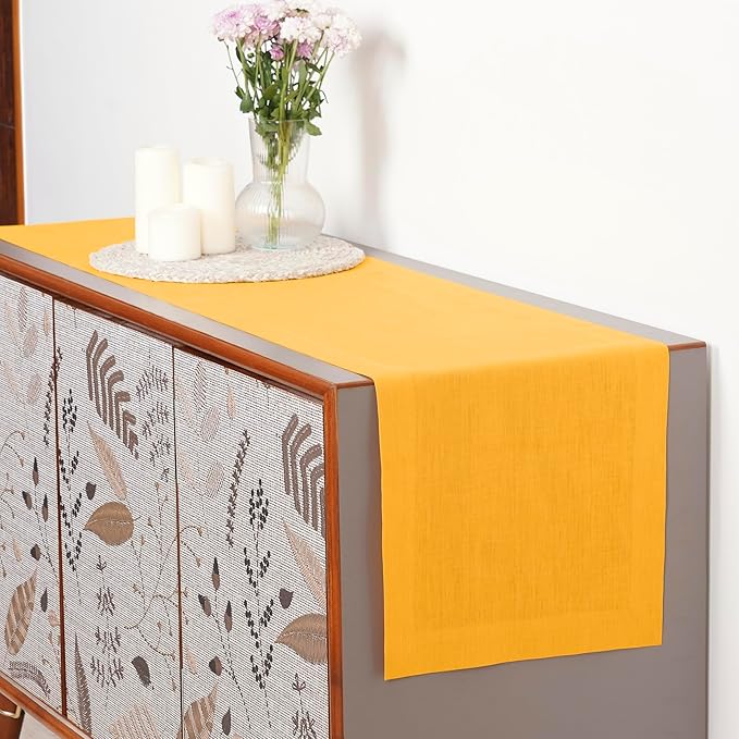D'Moksha Homes Linen Table Runner 36 Inches - 100% Pure Linen Sunflower Yellow Small Table Runner 14 x 36 Inch for Dresser, Coffee Tables, Fall, Autumn and Halloween-Machine Washable