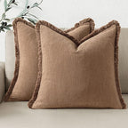 Woaboy Decorative Linen Fringe Throw Pillow Covers Boho Farmhouse Soft Cushion Covers Accent Pillowcases with Tassels for Living Room Couch Sofa Bed Chair,18x18 Inch Set of 2,Brown