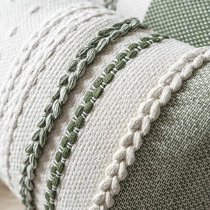 Boho Lumbar Pillow Covers 14x36 Inch Long, Green Textured Decorative Couch Pillow Cases for Farmhouse Home Decor, Accent Cushion Cover for Sofa, Bed, Living Room, Bedroom, Pack of 1