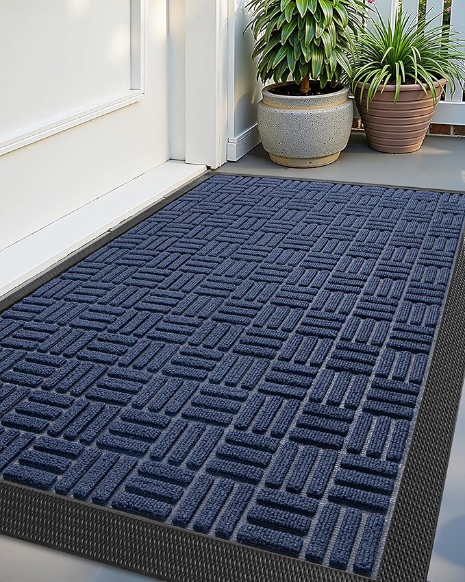 Color&Geometry Front Door Mat Outside Entrance, Heavy Duty Non Slip Low Profile Doormat for Entryway, Trap Dirt and Moisture Welcome Mats All-Weather, Easy Clean, Patio, Garage, 17"x30" Blue
