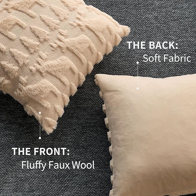 DFXSZ Christmas Pillow Covers 18x18 inch Set of 2 Beige Christmas Tree Elk Decoration Soft Plush Faux Fur Jacquard Throw Pillows for Bedroom Sofa Holiday Festivals Winter Home Decor PTK069C18