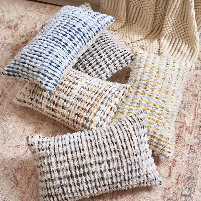 Aeckself Boho Chenille Tufted Pillow Cover 12x20 Inch, Rectangle Decorative Lumbar Throw Pillow Cover Neutral Pillowcase for Couch Bedroom Living Room, Blue White