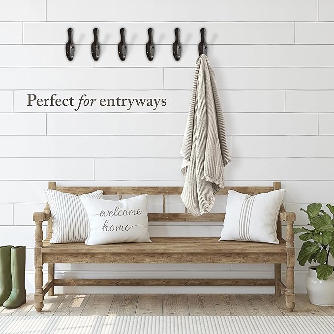 Rustic Cast Iron Coat Hooks (5 Pack) - Wall Mounted Farmhouse Decorative Vintage Hooks for Hanging Coats, Bags, Hats, Towels (Black, Large Spoon)