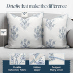 “The Mary” Periwinkle Floral Block Print Pillow Cover – Blue and Off-White Decorative Throw Pillow Cover – Grandmillennial Home Decor, 19" x 19"