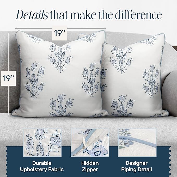 “The Mary” Periwinkle Floral Block Print Pillow Cover – Blue and Off-White Decorative Throw Pillow Cover – Grandmillennial Home Decor, 19" x 19"