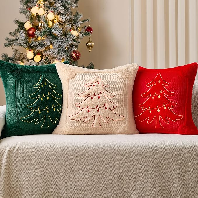 DFXSZ Christmas Pillow Covers 18x18 Red Star Light Beige Christmas Tree Decoration Soft Plush Faux Fur Jacquard Throw Pillows for Bedroom Sofa Holiday Festivals Winter Home Decor PTK067C18