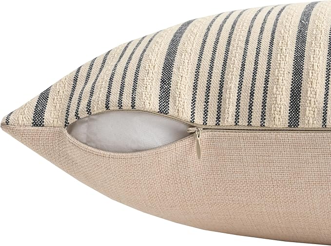 Gray Pillow Covers Farmhouse Linen Throw Pillow Covers Striped Outdoor Decorative Square Throw Pillows for Couch Sofa Bed 16 x16 in Pack of 2 Gray and Cream