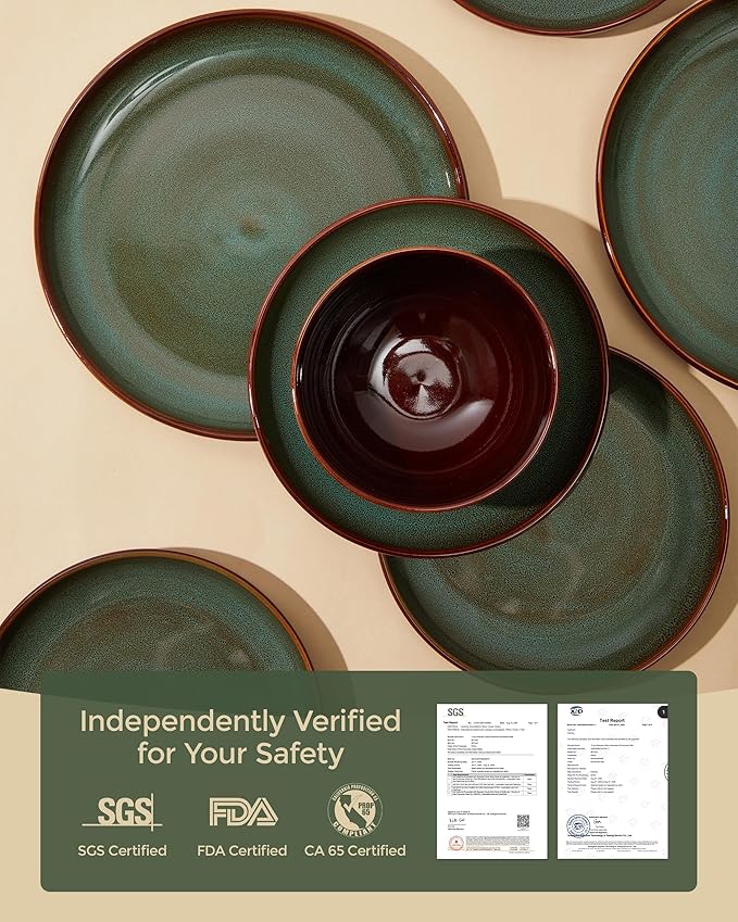 Stoneware Dinner Plates Set of 6, Ceramic Plates With Lipped Edges, Microwave/Dishwasher Safe, Modern Rustic Dinnerware, Kitchen Reactive Glaze Serving Dishes, Brown Green