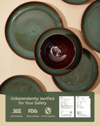 Stoneware Dinner Plates Set of 6, Ceramic Plates With Lipped Edges, Microwave/Dishwasher Safe, Modern Rustic Dinnerware, Kitchen Reactive Glaze Serving Dishes, Brown Green