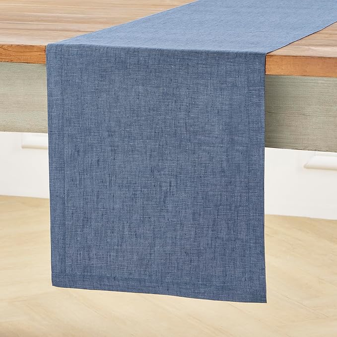 Solino Home Linen Table Runner 144 Inches Long - Athena, 100% Pure Linen Blue Denim Dining Table Runner 14 x 144 Inch for Christmas