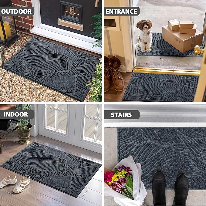 Yimobra Large Door Mat 36x24, All-Weather Waterproof Art Line Outdoor Mats for Front Door, Heavy Duty Non-Slip Welcome Matt for Garage Patio Proch Entryway Indoor, Blue