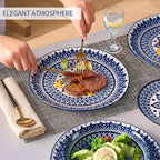 Bestone Porcelain Dinnerware Sets Service for 4, 12 pcs Hand drawn Plates and Bowls Sets, Handmade Ceramic Dish Set, Chip Resistant Modern Plate Set, Dishwasher/Microwave Safe，Vintage Blue