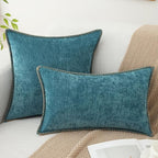 decorUhome Chenille Soft Throw Pillow Covers 12x20 Set of 2, Lumbar Velvet Farmhouse Neutral Decorative Euro Pillow Covers with Stitched Edge for Couch Sofa Bed Home Decor, Teal