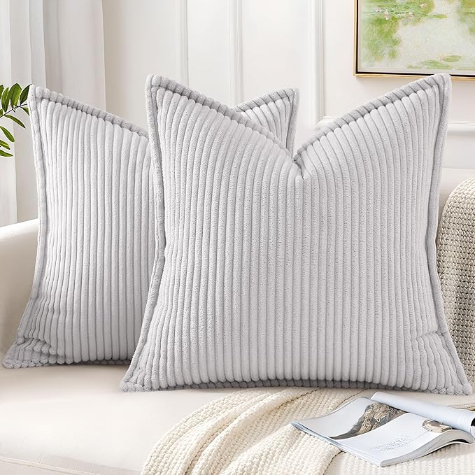 Mecatny Corduroy Throw Pillow Covers 18x18 Set of 2, Neutral Decorative Soft Boho Couch Pillow Covers with Broadside for Sofa Living Room, Grey