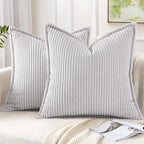Mecatny Corduroy Throw Pillow Covers 18x18 Set of 2, Neutral Decorative Soft Boho Couch Pillow Covers with Broadside for Sofa Living Room, Grey