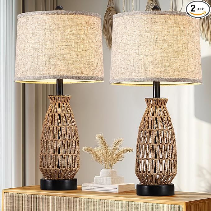 Boho Table Lamp Set of 2, 27" Handwoven Rattan Lamps with Fabric Shade, Bohemian Farmhouse Bedside Lamp Modern Wicker Lamps with Rotary Switch for Bedroom Living Room Nightstands Dorm Farmhouse Decor