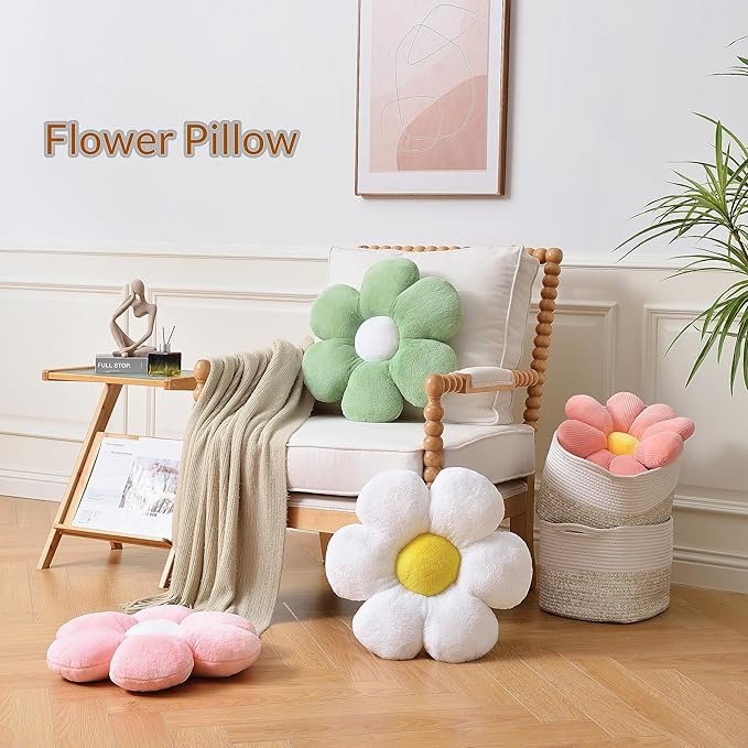 White Flower Pillow, 23.62In Floor Pillow Cushion, Cute Flower Shaped Throw Pillow, Home Decorative Pillow for Sofa, Couch, Bed