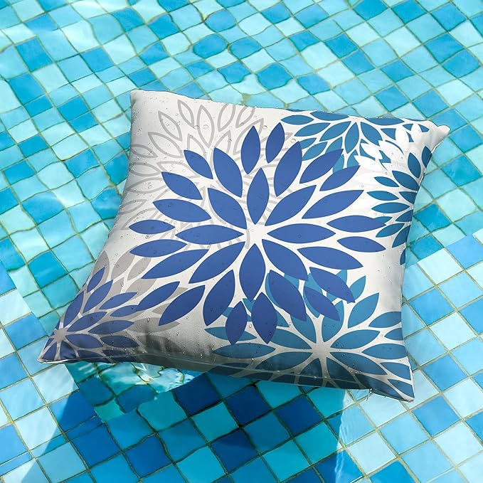 DFXSZ Blue Flower Pillow Covers 18x18 Inch Set of 2 Dark and Light Blue Colored Pillow Farmhouse Outdoor Waterproof Decor for Patio Funiture Garden Summer Floral Square Polyester Pillow Covers 002E18