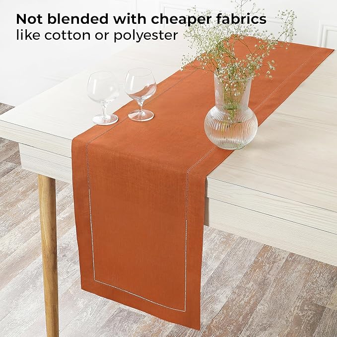 D'Moksha Homes Linen Rust Table Runner 120 Inches Long - 100% Pure Linen Hemstitch 14 x 120 Inch Table Runner for Dining and Fall, Halloween - Classic Hemstitch
