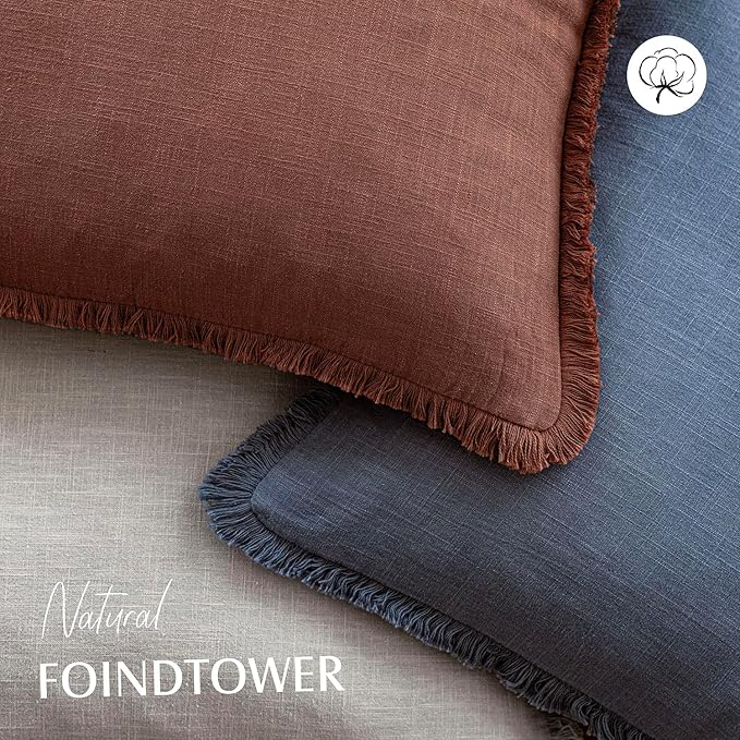 Foindtower Set of 2 Decorative Linen Fringe Lumbar Throw Pillow Covers Boho Farmhouse Cushion Cover with Tassels Soft Accent Pillowcase for Couch Sofa Bed Living Room Home Decor,12×20 Inch,Rust Red