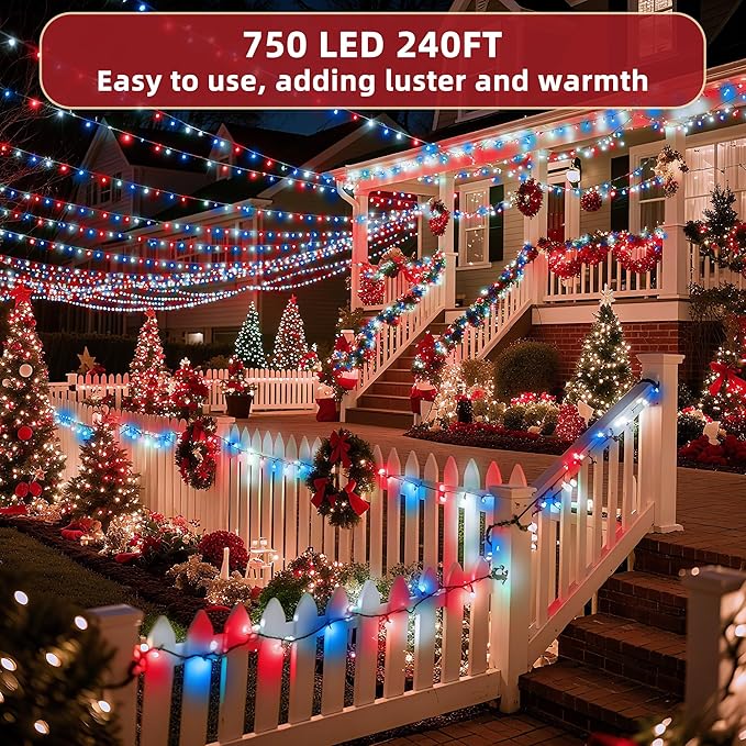 240ft Outdoor Christmas Lights, 750 LED Super Long String Lights 12 Modes & Timer Memory, Dimmable Waterproof Light Strings for Xmas Room Garden Wedding Party Holiday Decorations Red White & Blue