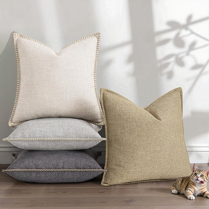 decorUhome Decorative Outdoor Throw Pillow Covers 12x20 Set of 2, Lumbar Linen Rustic Neutral Farmhouse Euro Pillow Covers with Stitched Edge for Couch, Sofa, Living Room, Beige