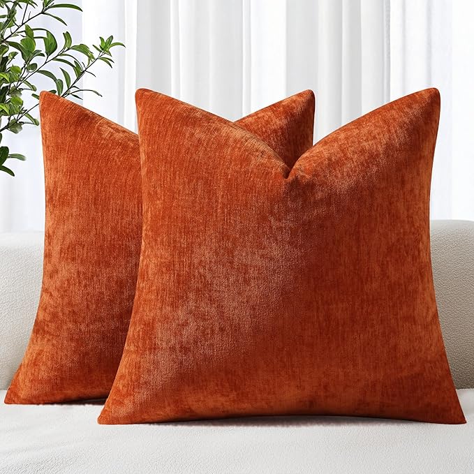 decorUhome Chenille Rust Fall Throw Pillow Covers 24x24 Inch Set of 2, Decorative Soft Couch Pillow Covers Solid Dyed Accent Velvet Farmhouse Neutral Square Pillow Cases for Sofa Bed Living Room