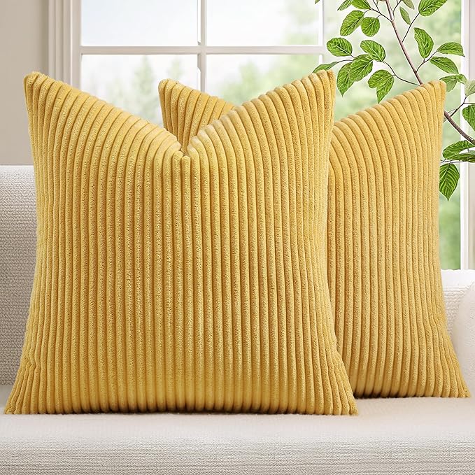 Mecatny Corduroy Decorative Throw Pillow Covers 20x20 Set of 2 for Sofa Living Room, Soft Neutral Boho Couch Pillow Covers for Home Decor, Mustard Yellow