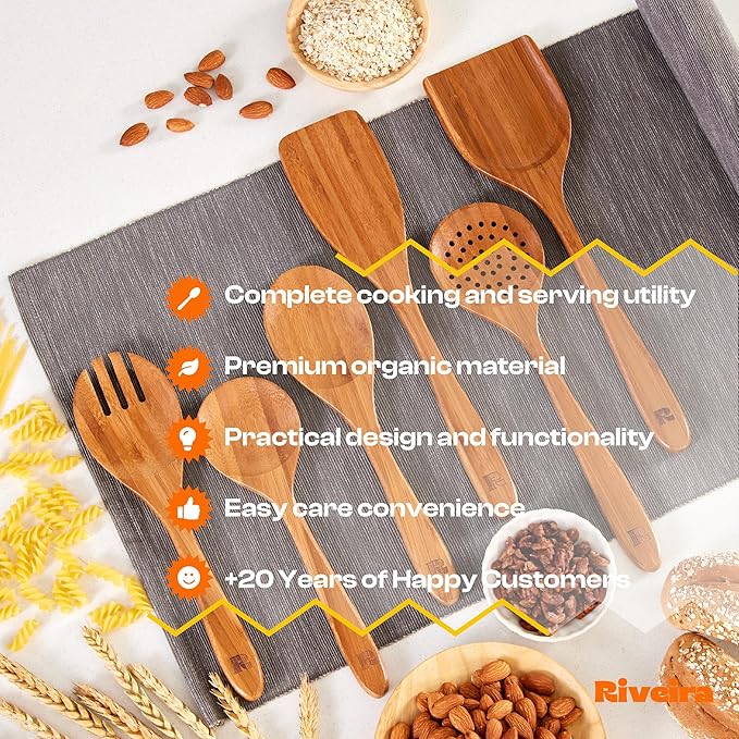 Riveira Brown Bamboo Wooden Cooking Utensils Set of 6 Premium Quality, Non-Toxic, Heat-Resistant Wooden Spoons and Spatula for All Cookware
