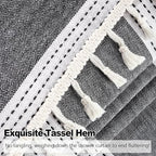 Boho Farmhouse Heavyweight Shower Curtain with Tassels, 350GSM Cotton Linen Fabric Shower Curtain for Rustic Bathroom, 72 x 72 Inch Vintage Black and White Striped Bath Curtain Water-Repellent