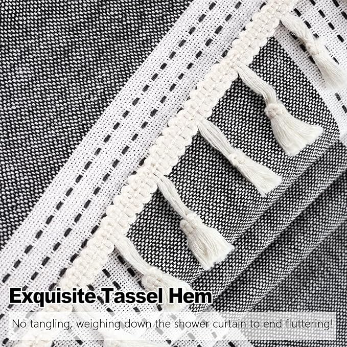 Boho Farmhouse Heavyweight Shower Curtain with Tassels, 350GSM Cotton Linen Fabric Shower Curtain for Rustic Bathroom, 72 x 72 Inch Vintage Black and White Striped Bath Curtain Water-Repellent