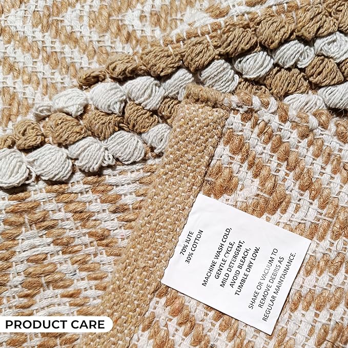 Bedding Craft Jute Cotton Stripe Area Rug for Living Room 24x36 Inch - Natural Ivory - Machine Washable 2x3 Feet Rugs - 70% Jute and 30% Cotton