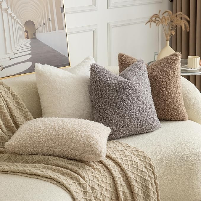 Pack of 2 Curly Teddy Wool Faux Fur Throw Pillow Covers Fuzzy Accent Soft Sherpa Pillowcases Sheepskin Fleece Decorative Cushion Case for Sofa Couch Living Room 20x20 Inch Light Grey