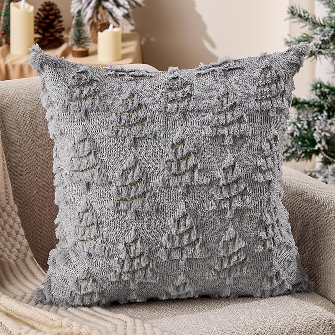 Christmas Pillow Covers 18x18 inch Set of 2 Soft Plush Faux Fur Christmas Decor Grey Xmax Tree Yellow Colored Lights Decoration Throw Pillow Case for Winter Holiday Sofa Living Room PT003I18