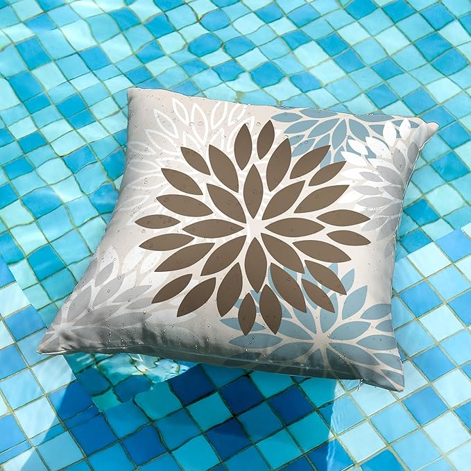 DFXSZ Brown Blue Flower Pillow Covers 18x18 Inch Set of 2 Summer Outdoor Waterproof Decor for Home Patio Funiture Garden Living Room Cushion Cover 002F18