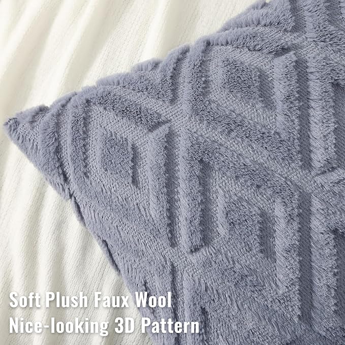 decorUhome Couch Throw Pillow Covers 18x18 Set of 2, Decorative Soft Plush Faux Wool Neutral Accent Pillow Covers for Bed Sofa Living Room, Blue Grey