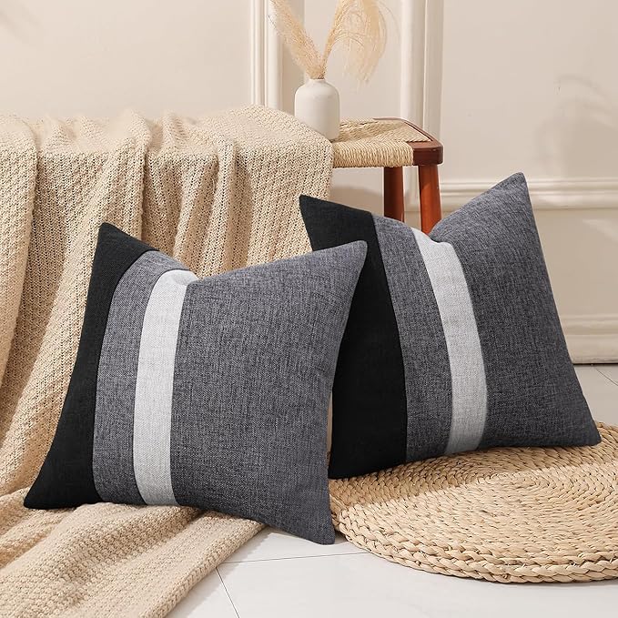 Adabana Set of 2 Linen Pillow Covers Decor Square Patchwork Throw Pillow Covers 18x18 Inch Farmhouse Cushion Covers Decorative Couch Bedroom Sofa Living Room,Grey