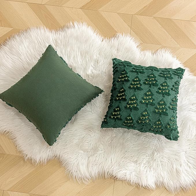 AQOTHES Christmas Tree Decorative Green Throw Pillow Covers 18x18 Set of 2, Faux Fur Farmhouse Throw Pillows Cushion Cases for Xmas Winter Holiday Home Decor