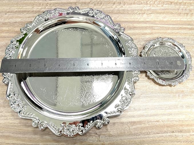 Quluxe Round Platter Serving Tray Metal Reusable Decorative Appetizer Platter Dessert Plate for Kitchen Party Centerpiece Display, 2 Pcs Silver (4 Inch+10 Inch)