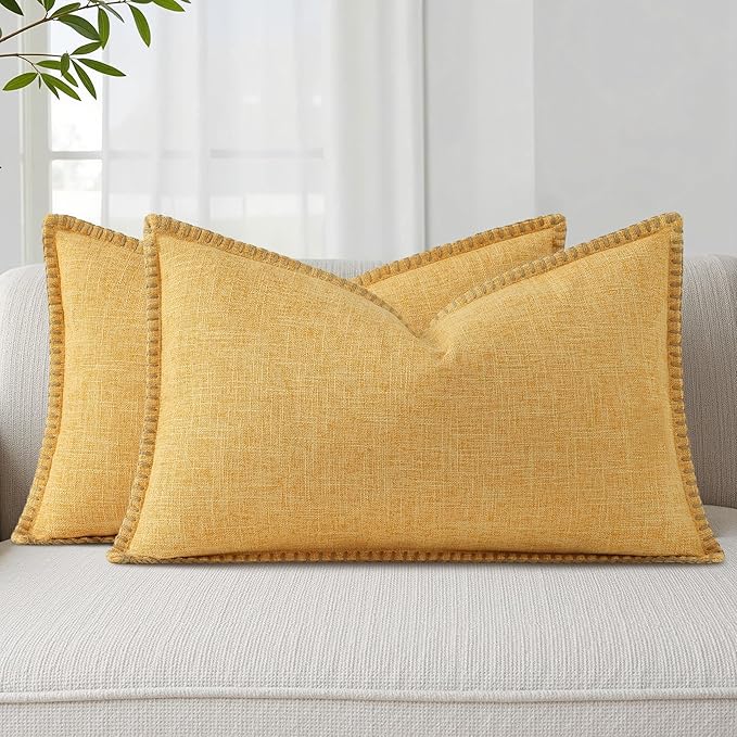 decorUhome Decorative Outdoor Throw Pillow Covers 12x20 Set of 2, Lumbar Linen Rustic Neutral Farmhouse Euro Pillow Covers with Stitched Edge for Couch, Sofa, Living Room, Mustard Yellow