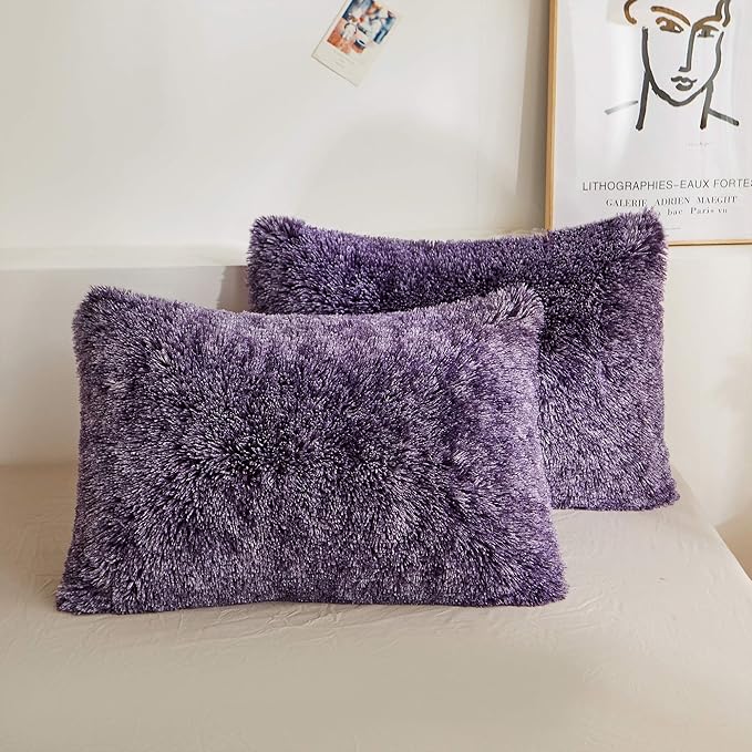 XeGe Faux Fur Throw Pillow Cases, Plush Shaggy Ultra Soft Pillow Covers, Fluffy Crystal Velvet Decorative Pillowcases, Furry Fuzzy Pillow Shams Zipper Closure, Set of 2 (Standard, Purple Ombre)