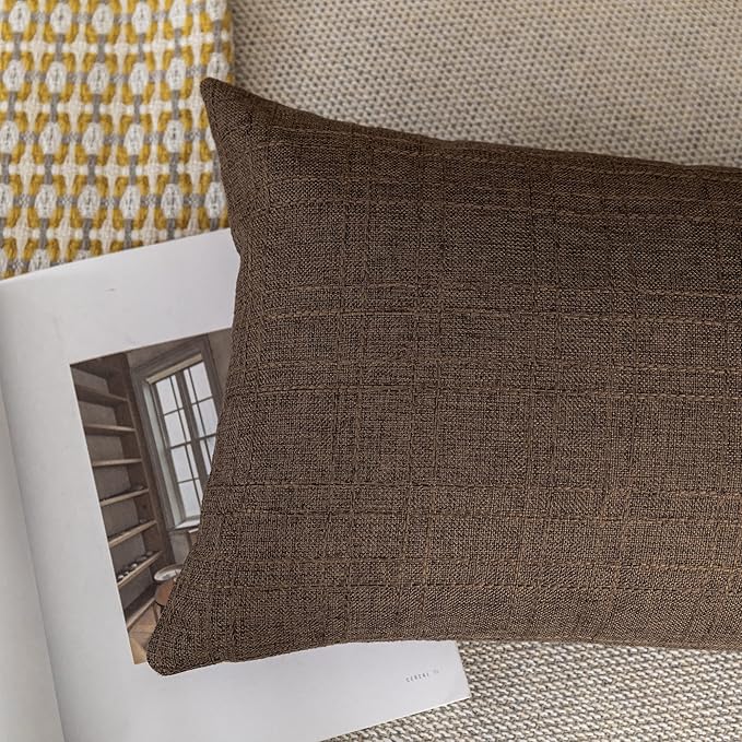Kevin Textile Pack of 2 Outdoor Waterproof Throw Pillow Covers Decorative Square Outdoor Checkered Pillows Cushion Case Patio Pillows for Couch 12x20 inches 30x50 cm Brown