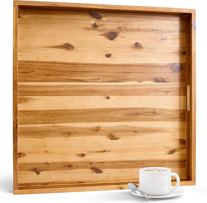 24 Inch Acacia Wood Ottoman Tray - Wooden Square Serving Tray with Handles - Extra Large Food Serving Trays for Decorative, Coffee Table, Breakfast in Bed - Charcuterie Trays Use for Kitchen