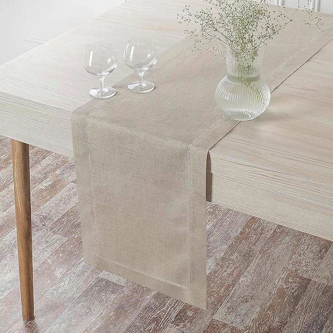 D'Moksha Homes Linen Natural Table Runner 84 Inches Long - 100% Pure Linen Table Runner 14 x 84 Inch for Fall, Autumn and Halloween - Classic Hemstitch